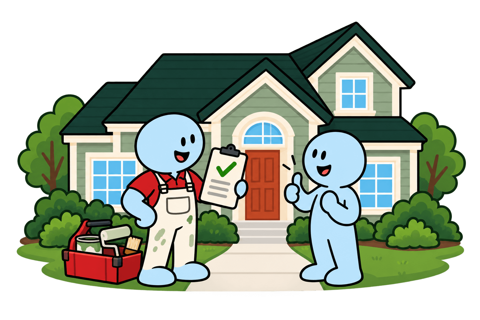 A painter and happy homeowner completing a final walkthrough of a freshly painted house