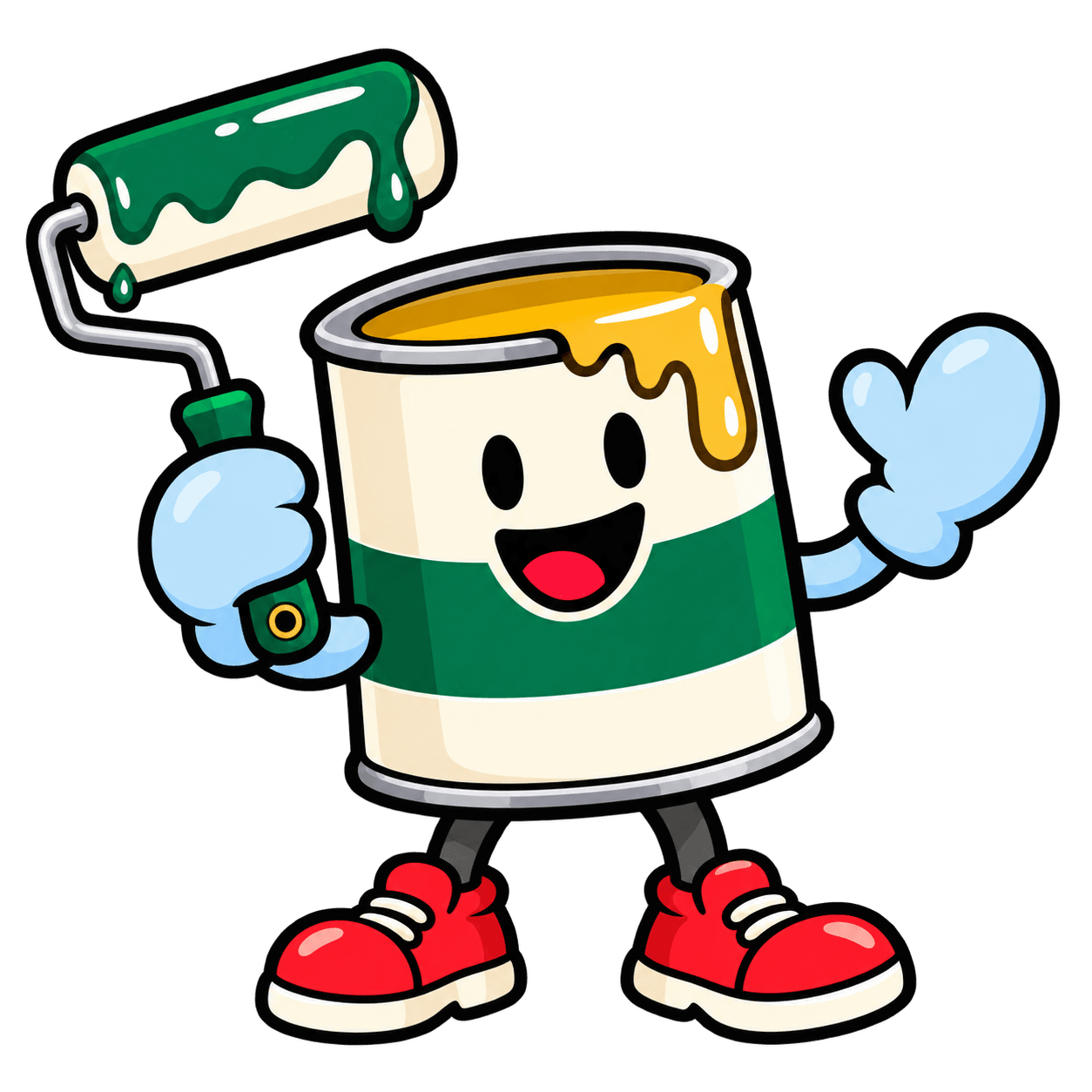 A cheerful paint-can mascot waving and holding a paint roller
